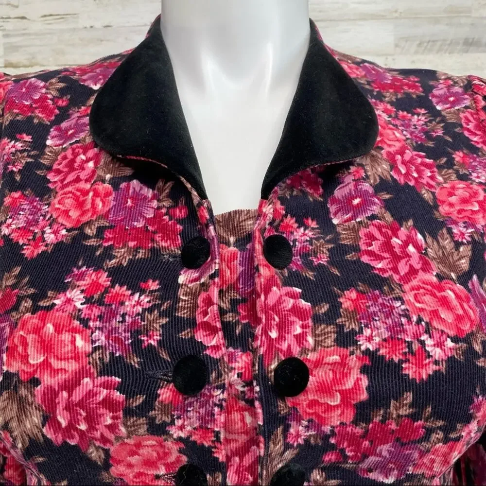 Laura Ashley Vintage Floral Corduroy Dress Womens Size 10 Pink Black Velvet Trim - Picture 3 of 16